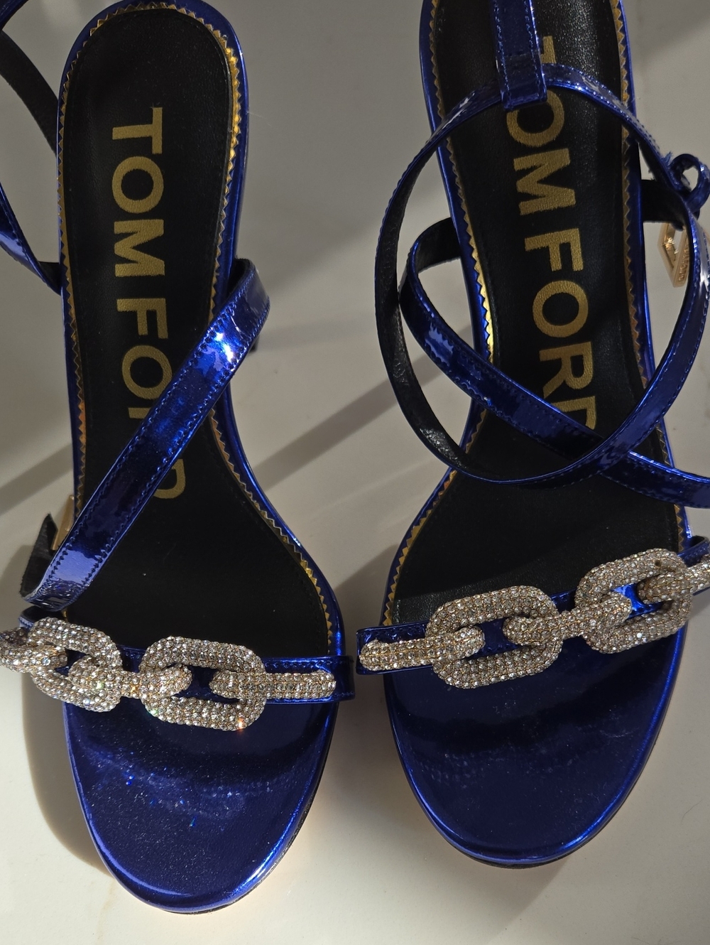 Tom Ford Metallic Royal Blue Crystal-Chain Strap Heels